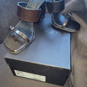 Gucci Polished  Brown Leather  Sandals  4.5" Heels Size 7